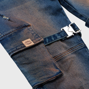 Distressed Strap Cargo Flare Denim Blue