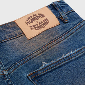 Distressed Strap Cargo Flare Denim Blue