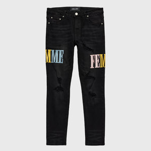 Letterman Denim Black With Pink, Baby Blue and Yellow Letters