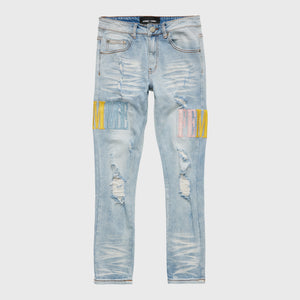 Letterman Denim Blue With Yellow, Baby Blue and Pink