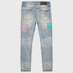 Letterman Denim Blue With Aqua, Turquoise, and Pink Letters