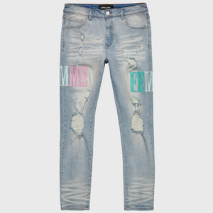 Letterman Denim Blue With Aqua, Turquoise, and Pink Letters